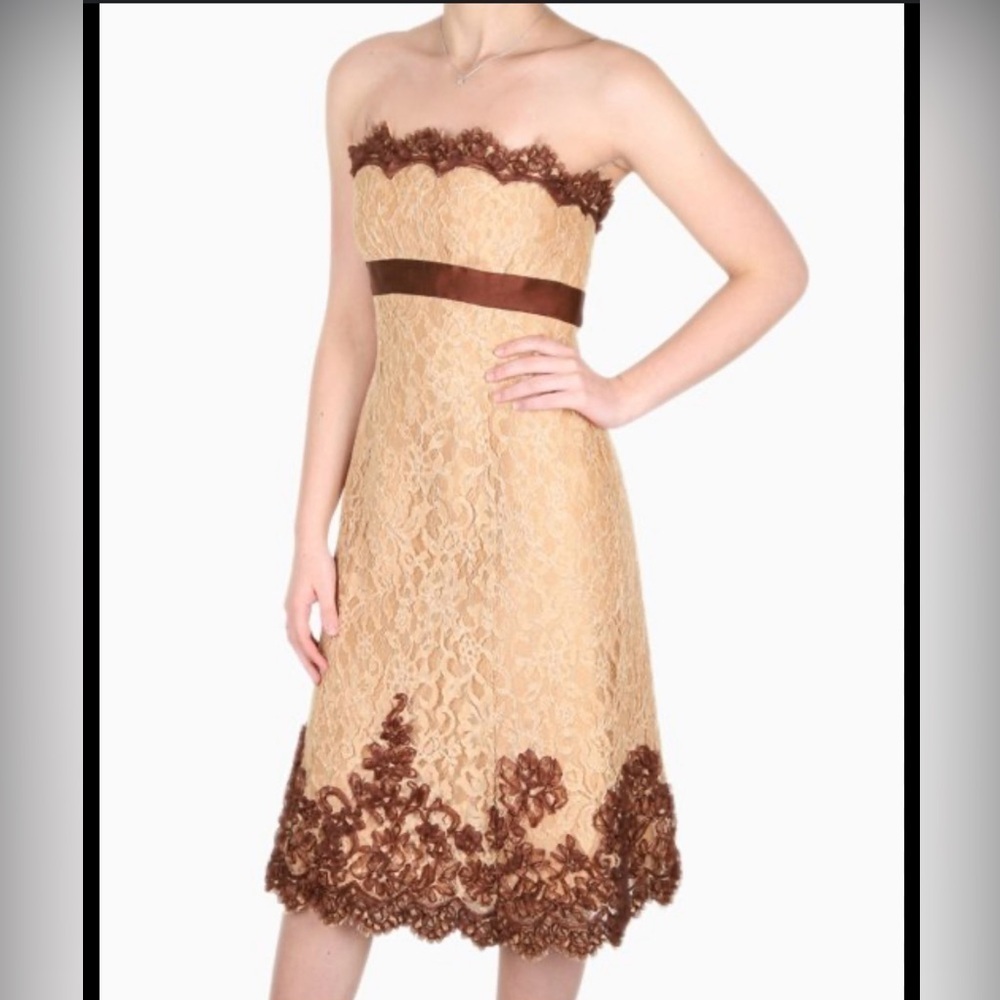 Badgley Mischka Strapless Lace Cocktail Dress Empire Waist Beige & Brown Size 14